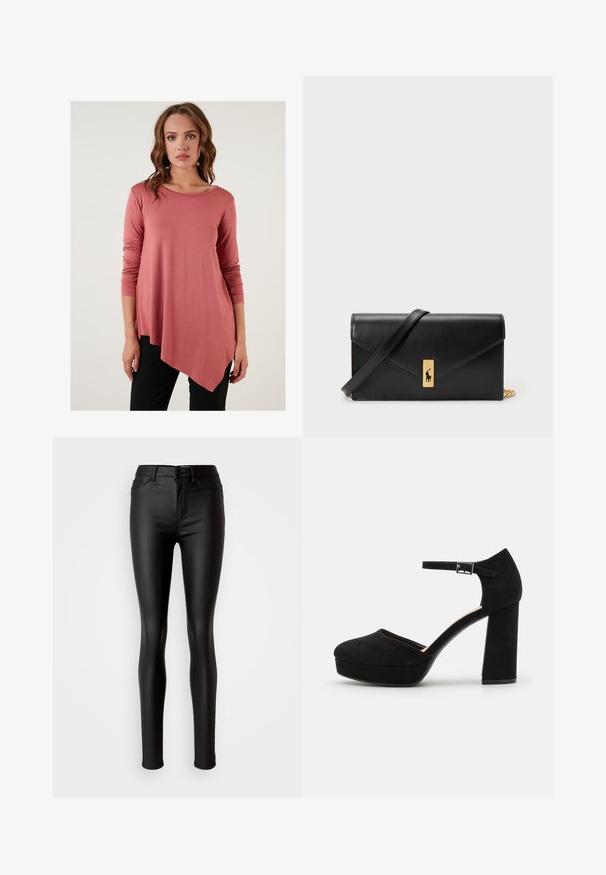 Roza roza dolgotrajni zgornji del s asimetričnim robom, mehka tkanina in okrogli izrez, v kombinaciji s črnimi hlačami. Brez vidnih vzorcev ali dodatkov.; Črne faux usnjene skinny hlače z gladko teksturo, visokim pasom, z gumbom na zapiranju in tradicionalnim petih žepnim oblikovanjem.; Črne semiš platform škornje z debelim blokastim peto, zaobljenim nosom in gležnjico, ki jo drži kovinska zaponka. Gladka tekstura po celotni površini.; Črna usnjena denarnica s prepognjenim pokrovom, zlato okovje, ki vključuje poudarek z logotipom. Vključuje odstranjljivo naramnico za nošenje.