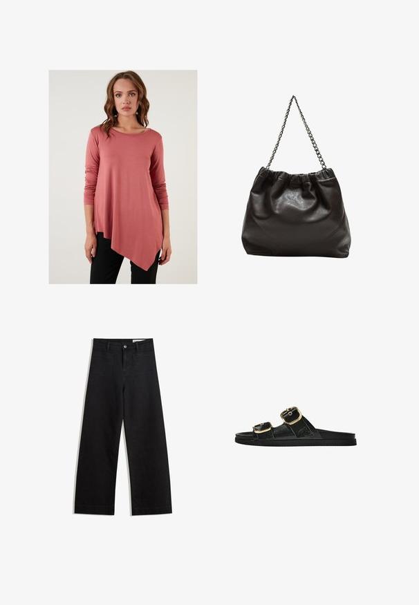 Ružovo-rôzová dlhá blúzka s asymetrickým lemom, mäkký materiál a okrúhly výstrih, kombinovaná s čiernymi nohavicami. Žiadne viditeľné vzory ani akcenty.; Čierne denimové nohavice s širokými nohavicami a vysokým pásom, so prednými a zadnými vreckami, šitými švami a zapínaním na gombík. Hladká textúra.; Čierne šľapky s dvoma zlatými prackami, hladký textúrovaný materiál, plochá podrážka a minimalistický dizajn.; Hnedá kožená taška so zberaným vrchom a reťazovým popruhom. Hladký povrch s lesklým finišom a jemným švom po stranách.