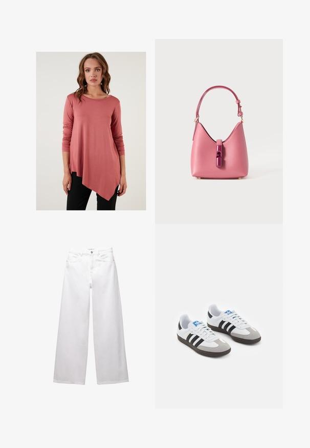 Ružovo-rôzová dlhá blúzka s asymetrickým lemom, mäkký materiál a okrúhly výstrih, kombinovaná s čiernymi nohavicami. Žiadne viditeľné vzory ani akcenty.; Biele široké džínsy vyrobené z denimu. Obsahujú zapínanie na gombík, predné a zadné vrecká a prešité švy. Hladká textúra s minimálnym zdobením.; Športové topánky s bielym koženým zvrškom, šedou semišovou špičkou a tromi čiernymi pruhmi. Obsahujú modré logo na jazyku a štruktúrovanú gumovú podrážku.; Ružová kožená kabelka so štruktúrovaným tvarom, vybavená lesklým zatváraním a jedným nastaviteľným popruhom. Textúrovaný povrch s zlatými kovovými detailmi.