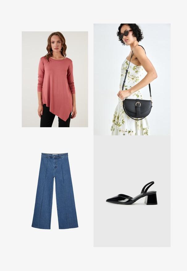 Ružičasta dugački rukavi majica s asimetričnom donjom ivicom, mekog materijala i okruglog izreza, uparena s crnim hlačama. Nema vidljivih uzoraka ili akcenata.; Široke traperice u srednje plavoj boji, s visokim strukom, zatvaranjem na dugme i kontrastnim vertikalnim šavovima duž prednje strane.; Crne lakirane kožne sandale s otvorenom petom i špicastim vrhom, s geometrijskom blok petom. Imaju elegantan, minimalistički dizajn i glatku teksturu.; Crna kožna torba s lukovitim oblikom, odvojivim remenom i zlatnim detaljima. Torba ima preklop s kopčom.