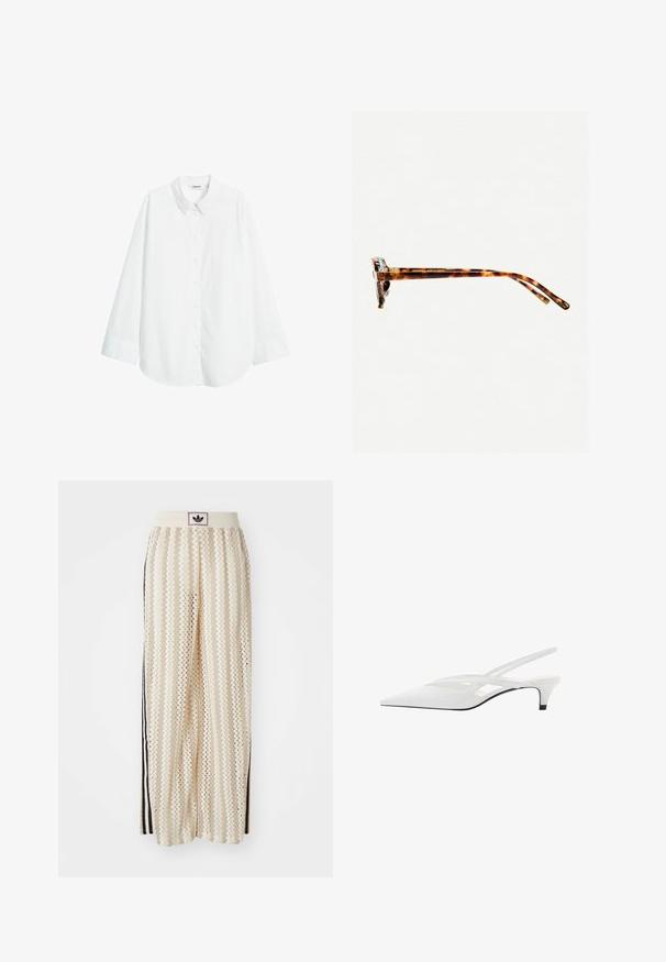 Hvid langærmet skjorte lavet af stof med en blød tekstur, der har en knappet front og en klassisk krave. Løs pasform med lige kant.; Cremefarvede bukser med vidde, der har et zigzag-mønster, med en sort logoelastik i taljen og sorte striber på siden. Letvægtigt, tekstureret stof.; Hvide slingback hæle med spids tå, der har en glat overdel, subtile udskæringer og en lav blokhæl. Den sorte sål fremhæver designet.; Skildpaddemønstret solbriller med en tyk ramme, let buede stænger og glat overflade. Har et klassisk design med en blank finish.; Hvid skuldertaske lavet af glat materiale med en oval udskæring og bred stropdesign. Enkel og moderne med ingen synlig hardware.