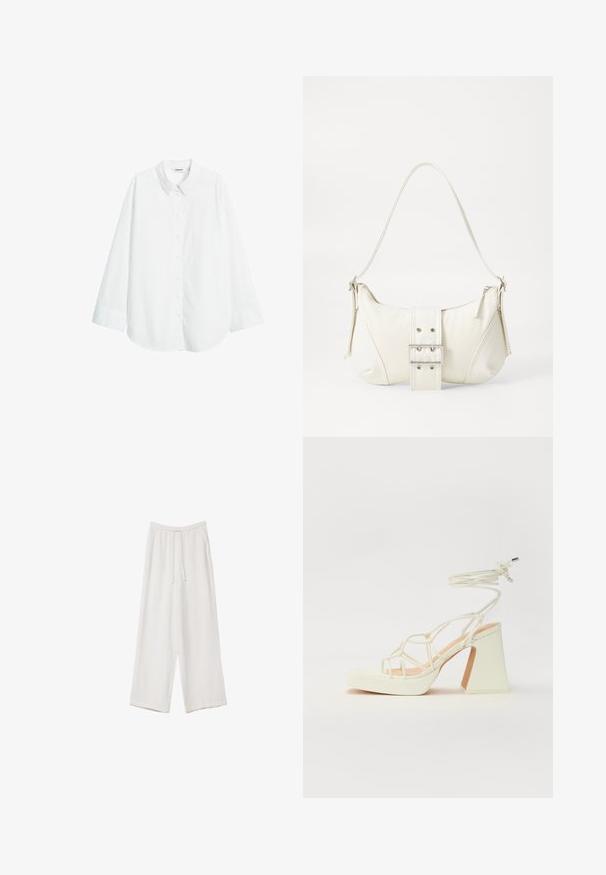 Hvid langærmet skjorte lavet af stof med en blød tekstur, der har en knappet front og en klassisk krave. Løs pasform med lige kant.; Hvide bukser med bred benlængde lavet af et letvægtsstof. Har et elastisk talje med snor og sidelommer. Glat tekstur.; Hvide højhælede sandaler med en kraftig hæl, der har et stropdesign og ankelbinding. Glat tekstur med en platform foran for ekstra højde.; Hvid skuldertaske med en tekstureret overflade, et centralt spænde og en buet form. Lynlåslukninger på begge sider.