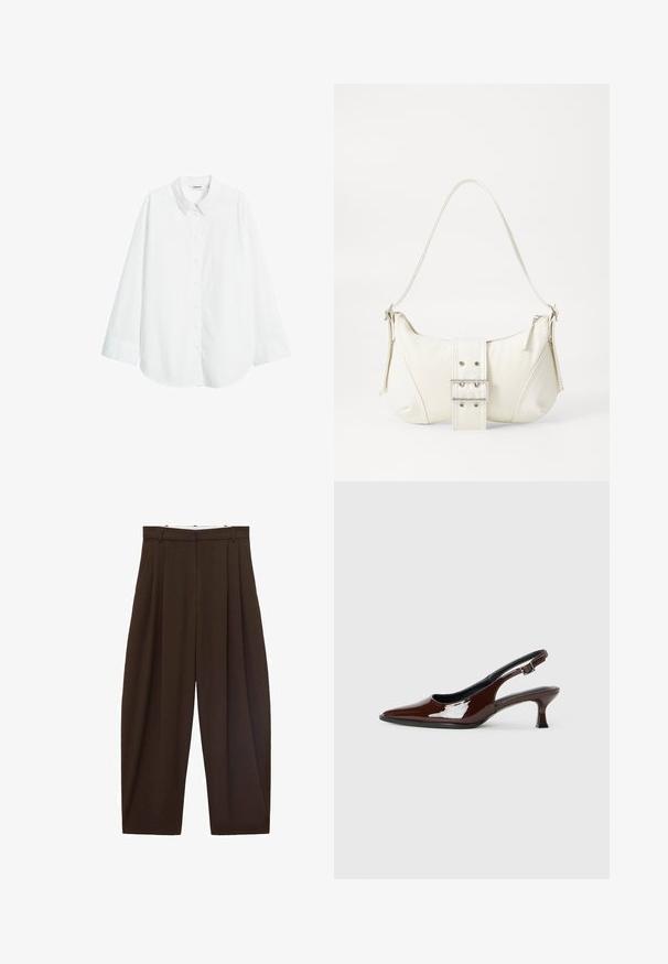 White long-sleeve shirt made of fabric with a soft texture, featuring a button-down front and a classic collar. Loose fit with straight hem.; Brown high-waisted trousers with pleats, made of smooth fabric. Loose fit, straight leg design, featuring belt loops and a zip fly.; Brown patent leather slingback shoe with a pointed toe and a moderate heel. Features a buckle strap for secure fit. Smooth texture.; White shoulder bag with a textured finish, a central buckle accent, and a curved shape. Zipper closures on both sides.; Clear and amber resin rings, one smooth and transparent, the other with a textured, amber finish. Both feature rounded, chunky designs.