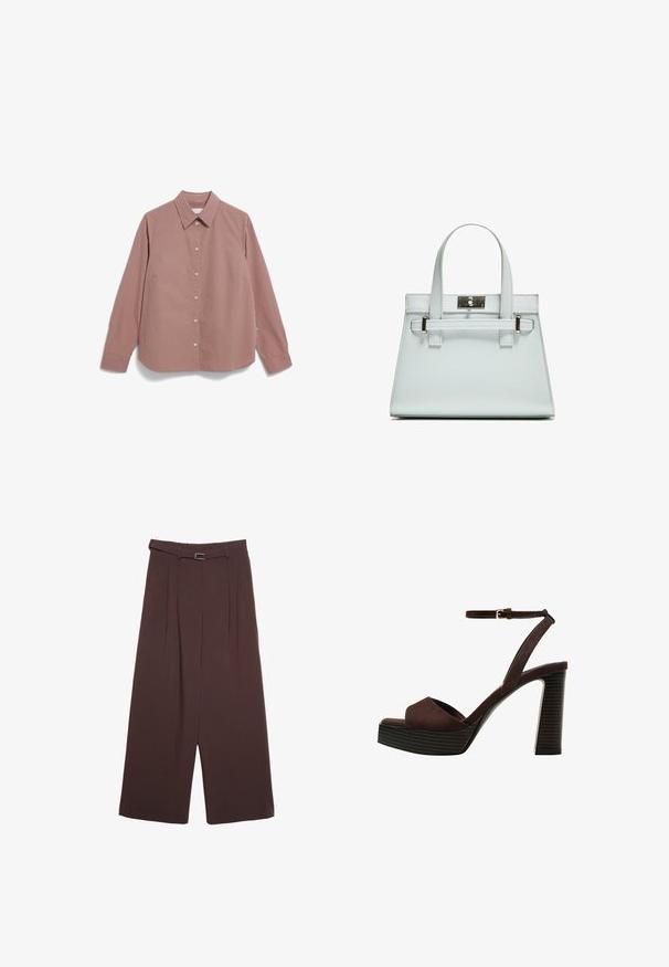 Gestreifte Button-Up-Bluse in Rost und Creme, mit klassischem Kragen, langen Ärmeln und einer lockeren Passform mit geradem Saum.; Stradivarius WIDE-LEG WITH BUCKLE DETAIL - Stoffhose - dark brown; Braune Wildleder-Pumps mit offenem Zeh, verstellbarem Knöchelriemen und gestreiftem Plateausohlen.; Helle blaue Handtasche mit strukturiertem Design, zwei Griffen und einem Beschlag aus silberfarbenem Metall. Texturiertes Material und scharfe Ecken.