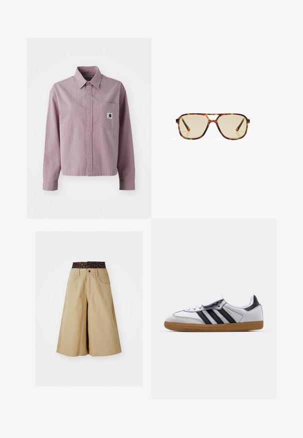 Light pink button-up shirt with a textured pattern, long sleeves, a chest pocket, and a small logo tag on the pocket.; Khaki shorts with a wide leg design and a leopard print waistband. Features front pockets and a button closure. Smooth, textured fabric.; White leather sneaker with black stripes and grey accents, featuring a rounded toe and gum rubber outsole. Velcro strap and lace closure.; Brown tortoiseshell sunglasses with large rectangular lenses and a thin frame. Features a bridge for added style and comfort.; White handbag with a smooth, glossy surface, curved shape, and a single adjustable strap. Features a logo embossed on the front.