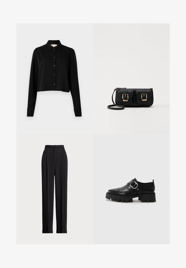Black cropped shirt with long sleeves, a pointed collar, and button front. Made from smooth fabric with a relaxed fit and cuffed sleeves.; Black tailored trousers with a high waist, featuring pleats at the front, a straight leg design, and a cuffed hem. Made from smooth fabric.; Black leather shoes with a chunky, ribbed sole, featuring a circular silver hardware accent and minimal stitching detail.; Black leather crossbody bag with two front pockets, gold buckles, zipper closure, and a slim strap. Textured surface and compact rectangular shape.
