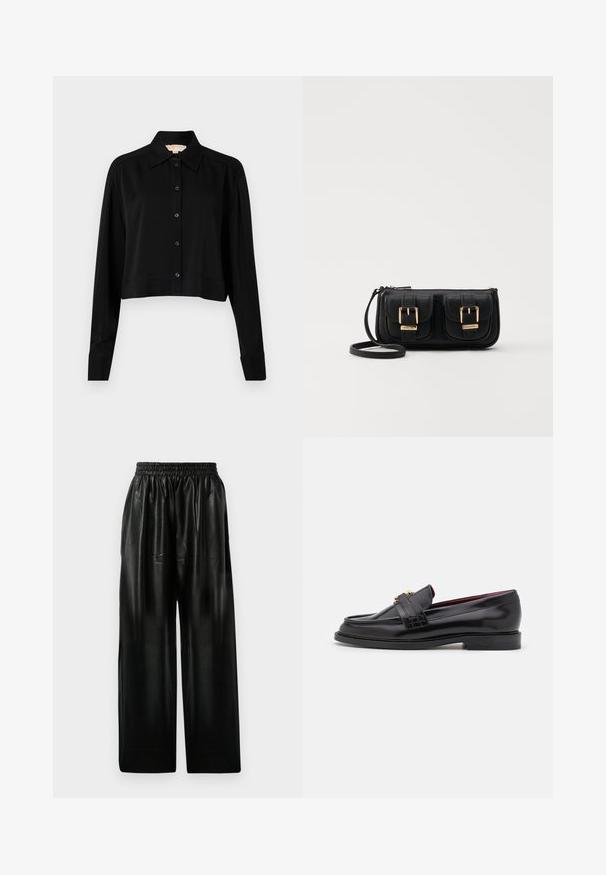 Schwarzes, kurzes Hemd mit langen Ärmeln, einem spitzen Kragen und Knopfverschluss. Hergestellt aus glattem Stoff mit lockerer Passform und geknöpften Ärmeln.; Schwarze Leder-Hosen mit weitem Bein und elastischem Bund, ausgestattet mit zwei Seiten Taschen und einer glatten, glänzenden Oberfläche.; Schwarze Lederloafers mit einem gestickten Muster, glatter Textur, goldenen Schnallendetails und einer runden Zehenform, auf einer niedrigen schwarzen Sohle.; Schwarze Leder-Umhängetasche mit zwei vorderen Taschen, goldenen Schnallen, Reißverschluss und einem schmalen Tragegurt. Texturierte Oberfläche und kompakte rechteckige Form.