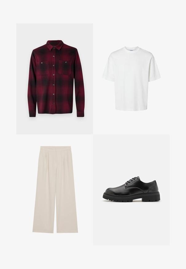 Rot-schwarz kariertes Flanellhemd mit langen Ärmeln, zwei Brusttaschen, Knopfverschluss und klassischem Kragen. Weicher Stoff.; Weißes Baumwoll-T-Shirt mit kurzen Ärmeln, Rundhalsausschnitt und lässigem Schnitt. Glatte Textur ohne sichtbare Muster oder Akzente.; Beige weite Hose mit flachem Bund, Falten und elastischem Bund. Hergestellt aus einem leichten Stoff mit glatter Textur.; Schwarze Lederschuhe mit runder Zehenform, Schnürdesign und einer dicken, strukturierten Gummisohle. Sie verfügen über eine Naht entlang des Randes und haben eine glatte Oberfläche.