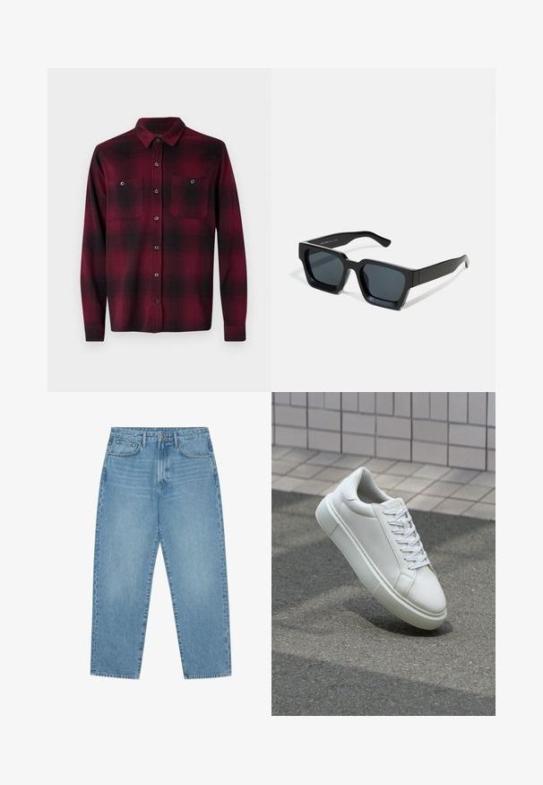 Κόκκινο και μαύρο πουκάμισο καρώ από φλιάντ, με μακριά μανίκια, δύο τσέπες στο στήθος, κουμπί και κανονικό γιακά. Μαλακή υφή.; Ανοιχτό γαλάζιο τζιν παντελόνι με φαρδιά πόδια και ψηλή μέση, διαθέτει πέντε τσέπες, θηλιές ζώνης και απαλό, ελαφρώς ξεθωριασμένο υλικό.; Λευκό δερμάτινο αθλητικό παπούτσι με λείο επιφάνεια, στρογγυλή μύτη και επίπεδα λευκά κορδόνια. Διαθέτει υφασμάτινη καουτσούκ σόλα και ελάχιστα σχεδιαστικά στοιχεία.; Μαύρα ορθογώνια γυαλιά ηλίου με σκούρους φακούς. Χοντρός, λείος πλαστικός σκελετός με ελαφρώς γυαλιστερή φινίρισμα και ίσια βραχίονες.