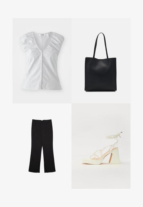 Svijetlosiva bluzica kratkih rukava s dubokim V-izrezom. Ima nabore na ramenima i ravni rub, izrađena je od mekanog, glatkog materijala.; Crne hlače ravnog kroja, s prednjim džepovima i bočnim prorezima na rubu. Izrađene od mekog i glatkog materijala. Pogodne za razne prigode.; Bijela sandala na visokoj potpetici s debelim petom, s remenom i vezanjem oko gležnja. Glatka tekstura s platformom sprijeda za dodatnu visinu.; Crna kožna torba za nošenje s glatkom teksturom, pravokutnim oblikom i dvije duge ručke. Nema vidljivih metalnih dijelova ili ukrasa.