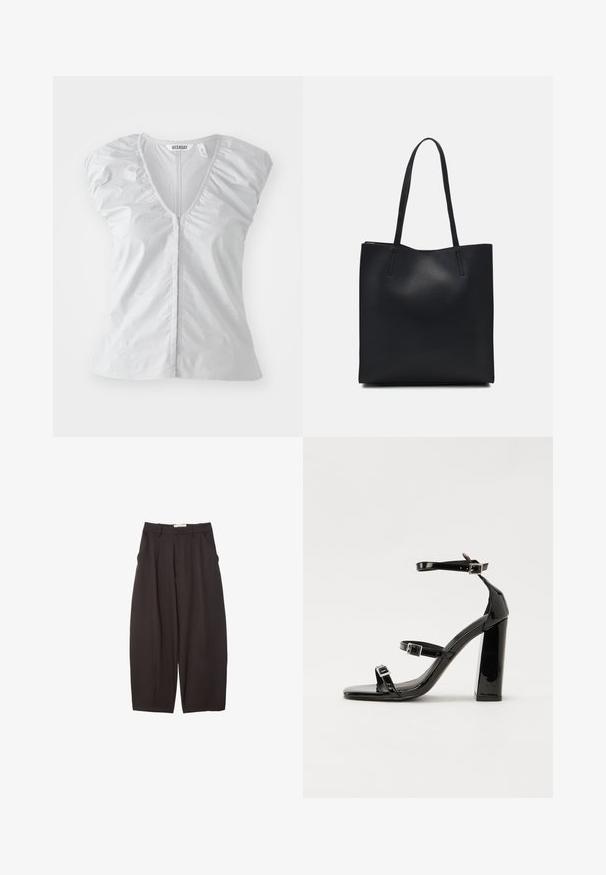 Light grey short-sleeve blouse with a deep V-neck. Features gathered shoulder details and a straight hem, made from soft, smooth fabric.; Black wide-leg trousers made from a smooth fabric, featuring a high waist, front pleats, and side pockets. Simple design without embellishments.; Black patent heeled sandals with a square toe, ankle straps, and silver buckles. Features a chunky block heel for stability.; Black leather tote bag with smooth texture, rectangular shape, and two long handles. No visible hardware or embellishments.