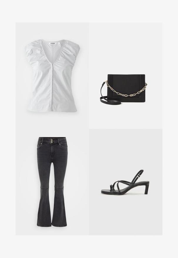 Heled halli lühikeste varrukatega pluus sügava V-kaelusega. Omab kokkuvõetud õlavarre detaile ja sirget alumist ääret, valmistatud pehmest ja siledast kangast.; Mustad mustad teksad, millel on kõrge vöökoht, topeltnööp sulgemine ja esipo pocketitega, millel on puhas viimistlus.; Mustast rihmajalatsid ruudukujulise varba ja madala ploki kontsaga. Omab mitmeid õhukesi rihmasid ja reguleeritavat pahkluu rihma. Valmistatud siledast nahast.; Mustast nahast õlakott, mis omab siledat tekstuuri, ristküliku kuju ning esiküljel metallketi detaili. Reguleeritav rihm on kaasas.