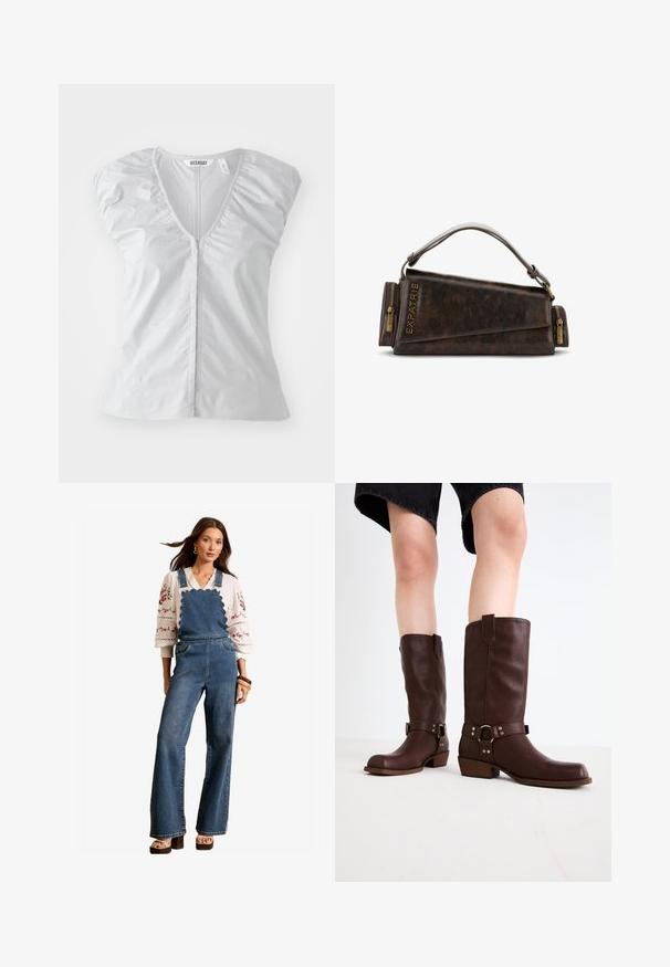 Blusa corta a maniche corte grigia chiara con scollatura a V profonda. Presenta dettagli arricciati sulle spalle e un orlo dritto, realizzata in tessuto morbido e liscio.; Salopette in denim con un design scallopato sul bavaglino, gambe svasate e tasche laterali. Abbinata a una blusa bianca ricamata e accessori in legno.; Stivali marroni in pelle al ginocchio con punta rotonda, superficie testurizzata, cinturino alla caviglia e dettagli in metallo argentato; tacco impilato.; Borsa a mano in pelle marrone con un design geometrico, caratterizzata da un manico superiore e dettagli in ottone sulla cerniera. Logo stampato a caldo sul lato.