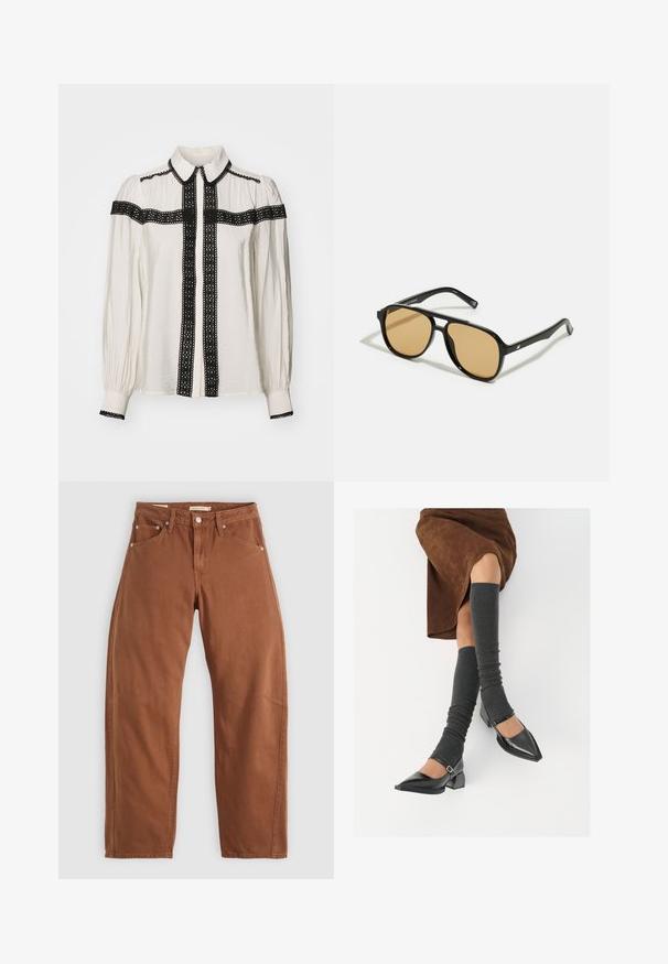 Hvid bluse med sort blonde-detaljer langs fronten, kraven og ærmerne. Har lange ærmer og en knaplukning.; Rustbrune straight-leg jeans med for- og baglommer, metalnitter, knaplukning og bæltestropper, lagt fladt på en hvid baggrund.; Sorte patenterede lædersko med spids tå, blokhæl og ankelrem, kombineret med grå ribbede benvarmere og en brun ruskinds nederdel.; Sorte solbriller med brune tonede linser; rektangulær form med en tyk ramme, herunder diskrete hardwaredetaljer på stængerne.; Brun lædertaske med to robuste håndtag, rektangulær form, glat tekstur og lynlås lukning. Minimalistisk design uden synlige mønstre.