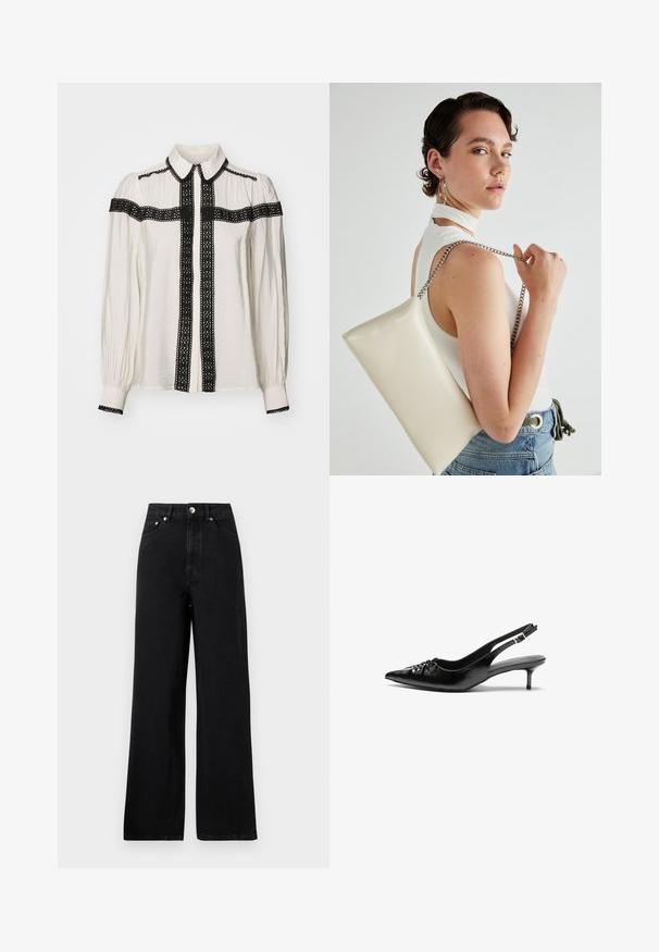 Weiße Bluse mit schwarzer Spitzenverzierung entlang der Vorderseite, des Kragens und der Ärmel. Verfügt über lange Ärmel und eine knöpfbare Front.; Hochgeschnittene schwarze Denim-Jeans mit weitem Bein, ausgestattet mit fünf Taschen und silberfarbenen Hardware-Akzenten. Insgesamt glatte Textur.; Schwarze Leder-Slingback-Absätze mit einer spitzen Zehenform, kleinen Kitten-Absätzen und einem dekorativen Knoten-Detail auf der Vorderseite. Glatte Textur über die gesamte Fläche.; Weiße rechteckige Clutch aus glänzendem Material mit einem silbernen Kettenriemen. Das Model posiert und präsentiert die Tasche vor einem schlichten Hintergrund.