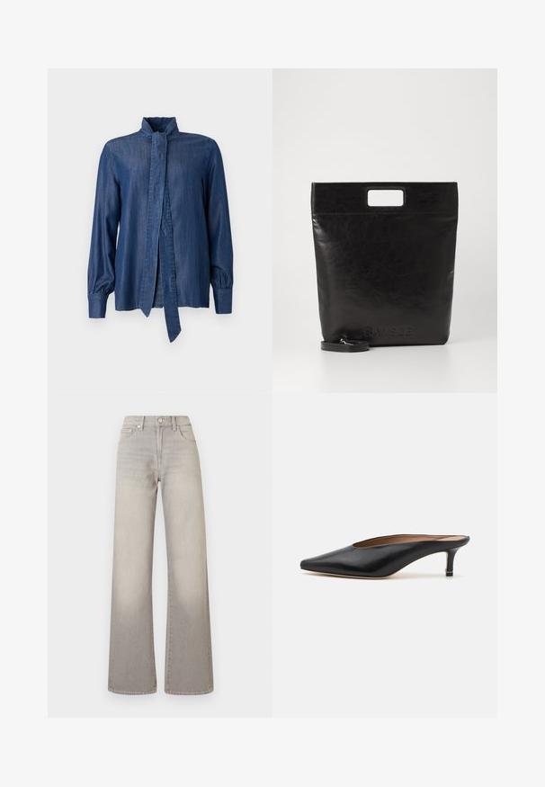 JOOP! ULLA - Button-down blouse - dark blue; Gray wide-leg jeans with a faded finish, button closure, five-pocket design, and stitched detailing along the seams.; Black leather mules with a pointed toe and low, block heel. Smooth texture with a sleek design. Open back with minimal detailing.; Black leather tote bag with a square handle, featuring a textured finish and embossed logo. Includes a detachable strap.