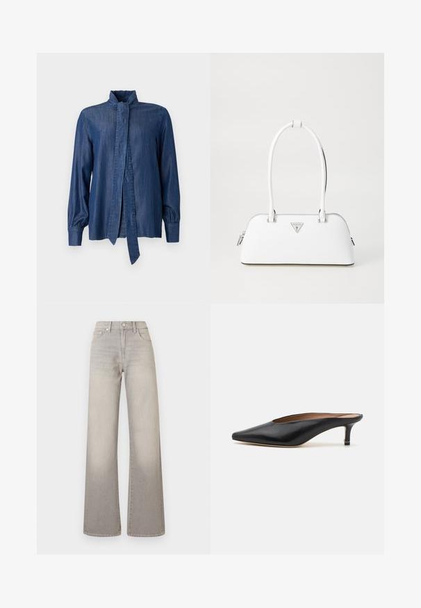 JOOP! ULLA - Overhemdblouse - dark blue; Grijze wijde jeans met een vervaagde afwerking, knoopsluiting, vijfzakkenontwerp en gestikte details langs de naden.; Zwarte leren muiltjes met een puntige neus en een lage, blokhak. Glad oppervlak met een gestroomlijnd ontwerp. Open achterkant met minimale details.; Witte leren handtas met een gebogen vorm, voorzien van een zilveren driehoekig logo en ritssluiting. Gladde textuur en dubbele handvaten.