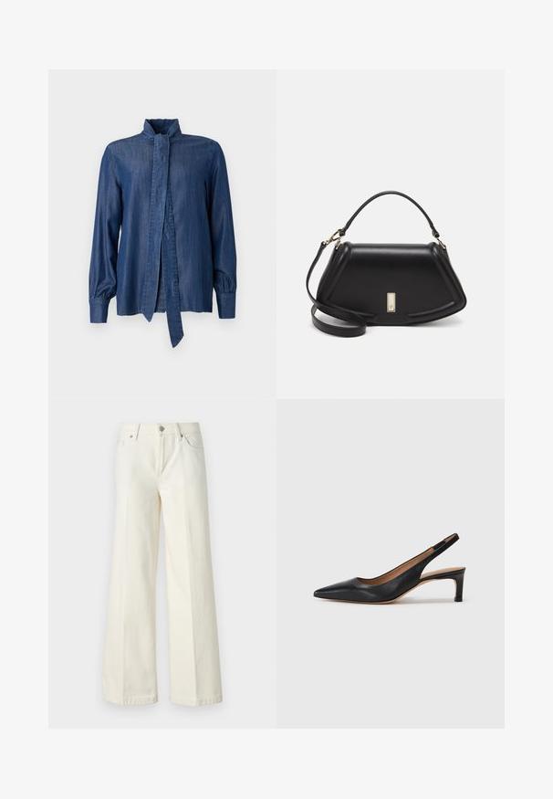 JOOP! ULLA - Camicia - dark blue; Jeans bianchi a gamba larga realizzati in tessuto misto cotone. Presentano una chiusura lampo, design a cinque tasche e cuciture lungo le cuciture.; Pump slingback in pelle nera con punta appuntita, tacco basso e texture liscia. Presenta una sottile cinghia regolabile per una vestibilità sicura.; Borsa a mano in pelle nera con un design strutturato, caratterizzata da una forma corta, manico superiore e accessori in metallo dorato. Inclusa tracolla regolabile.