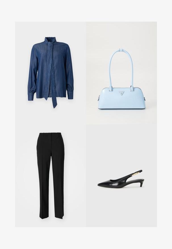 JOOP! ULLA - Nööpidega pluus - dark blue; Mustad ja sirged püksid, millel on sile tekstuur ja teravad voldid esiosas. Ilma nähtavate detailideta.; Mustad nahast slingback kontsad terava ninaga, millel on õhuke konts ja kuldse tooni aktsent reguleeritaval rihmal. Sile tekstuur.; Hele helesinine käekott, millel on struktureeritud kuju, sile nahk, kaks käepidet ja kolmnurkne brändi logo esiküljel. Lukuga sulgemine.