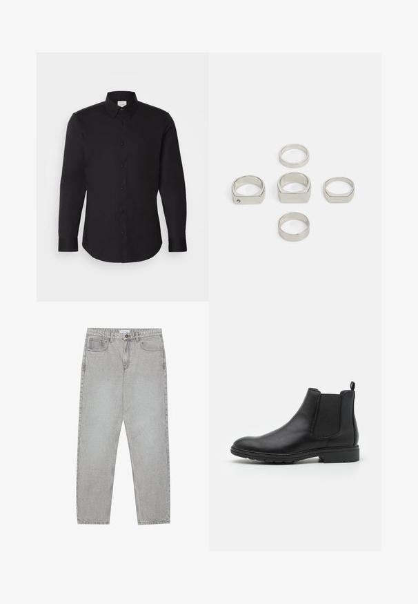Camisa preta de manga longa feita de um tecido suave, com um colarinho pontudo, fecho frontal com botões e um logotipo discreto no peito.; Calças de ganga cinza claro com um design de perna reta, estilo de cinco bolsos e fecho com botão. Costura visível ao longo das costuras.; Botim Chelsea em couro preto com painéis laterais elásticos e uma alça, apresentando um bico arredondado e sola de borracha texturizada.; Conjunto de seis anéis metálicos prateados em várias formas, incluindo redondos e quadrados, apresentando texturas suaves e um design minimalista.