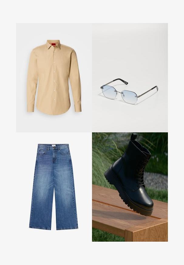 Béžová košile na knoflíky z hladkého materiálu, s klasickým límcem, dlouhými rukávy a jemnou texturou, doplněná bílými knoflíky.; Džínové kalhoty s širokými nohavicemi v světle modré denimové barvě, s knoflíkovým zapínáním, čtyřmi kapsami a mírně vybledlým vzhledem na látce.; Černá kožená kotníčková bota s texturovaným povrchem, šněrováním v přední části a robustní, rýhovanou podrážkou. Prezentována na dřevěném povrchu s pozadím trávy.; Privé Revaux TRACK STAR UNISEX - Sluneční brýle - grey