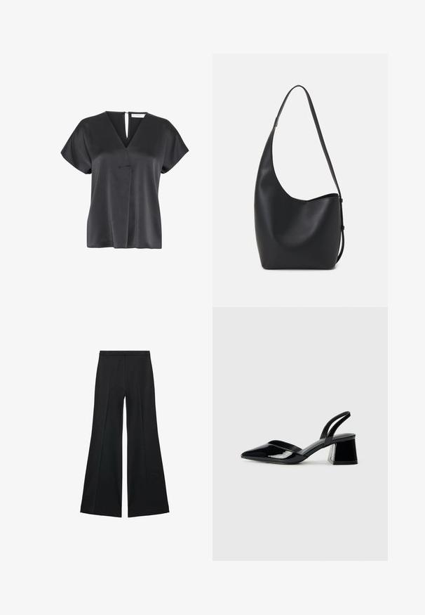 Bluză neagră cu mâneci scurte, gât în V, dintr-un material texturat, cu un detaliu de suprapunere în față și o deschidere în formă de cheie la gulerul din spate.; Pantaloni negri cu croială largă, având o textură netedă, cu pliseuri frontale și un design croit. Materialul este ușor și fluid.; Pantofi cu toc slingback din piele lacuită neagră, cu vârf ascuțit și toc geometric. Prezintă un design elegant, minimalist și o textură netedă.; Geantă hobo din piele neagră, cu o textură netedă, formă curbată și un singur bretele ajustabil; are o deschidere largă în partea de sus.