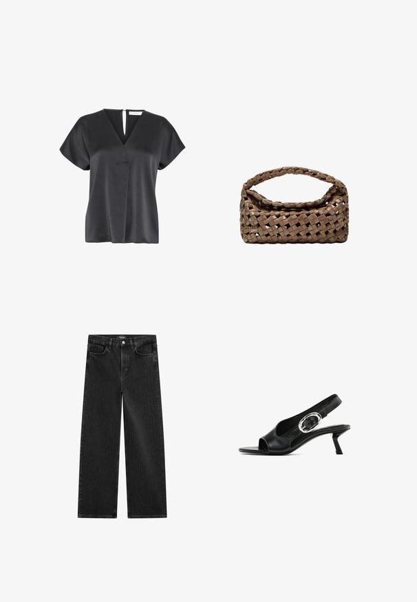 Sort kortærmet bluse med V-hals, struktureret stof, overlapning foran og en nøglehulåbning ved nakken bagpå.; Bredde ben sorte denimbukser med en subtil lodret stribepattern, der har fem lomme-design og en klassisk knaplukning i taljen.; Sorte læderslynge sko med åben tå, med et sølvfarvet oval spænde på remmen og en slank kitten hæl. Glat tekstur.; Vevet brun håndtaske med rektangulær form, struktureret håndtag og tekstureret overflade. Har en lukket top og et indviklet vævemønster.