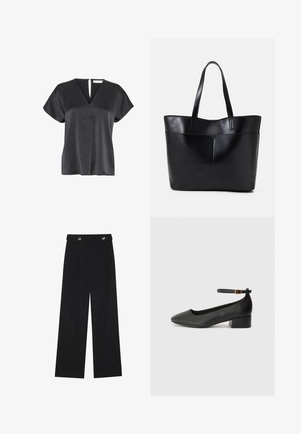 Black short-sleeve blouse with a V-neck, textured fabric, a front overlap detail, and a keyhole opening at the back neckline.; Black wide-leg trousers with high waist, button details on waistband, and front pleats.; Black leather pump with a pointed toe and a low block heel. Features an ankle strap with a gold-tone buckle. Smooth texture.; Black leather tote bag with two long handles, a smooth texture, and a structured shape. Features a front pocket for additional storage.