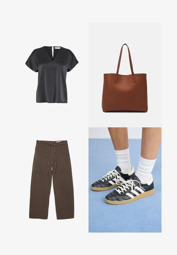 Schwarze kurzärmelige Bluse mit V-Ausschnitt, strukturiertem Stoff, einem Überlappungsdetail vorne und einer Schlüssellochöffnung am Rückenausschnitt.; Braune, weit geschnittene Hosen aus weichem Stoff mit einer geflochtenen Kordel, zwei großen vorderen Taschen und einer lockeren Passform.; Schwarze Ledersneaker mit weißen Streifen, runder Zehenpartie, weißen Schnürsenkeln und Gummisohle. Abgerundet durch gepolsterten Kragen und Branding-Details.; Braune Leder-Tote mit glatter Textur, offenem Oberteil und zwei Schulterriemen. Verfügt über minimale Nähte und keine sichtbaren Beschläge.