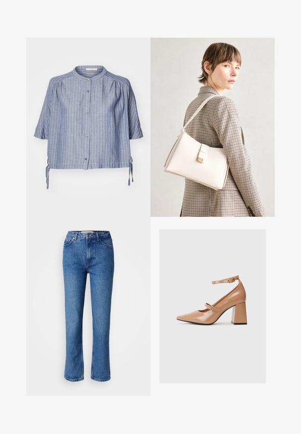 Chemise à manches courtes bleu à rayures avec un col rond, des boutons à l'avant et des liens sur les côtés. Fabriquée dans un tissu léger avec une texture douce.; Jean en denim bleu avec une coupe droite, comprenant un design classique à cinq poches, des coutures orange et une fermeture à bouton.; Chaussures à talons hauts en cuir verni beige avec un bout pointu, une bride de cheville et un talon carré épais. Texture lisse avec une finition brillante.; Sac à main en cuir blanc au design structuré, doté d'un fermoir magnétique et d'une bandoulière, présenté sur un fond neutre.