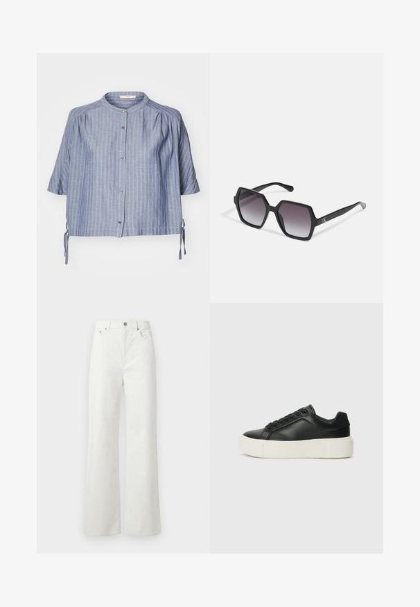 Camisa de manga curta azul com riscas, colarinho redondo, botões frontais e laços de lado. Feita de um tecido leve com uma textura suave.; Samsøe Samsøe SHELLY - Calças de ganga de corte relaxado - clear cream; Sapatilha de couro preta com biqueira redonda, sola plataforma branca e atacadores pretos. Apresenta um logotipo discreto no calcanhar e uma textura suave.; Óculos de sol hexagonais pretos com lentes degradê, apresentando um acabamento brilhante e uma marcação subtil na têmpora. Construção em plástico durável.