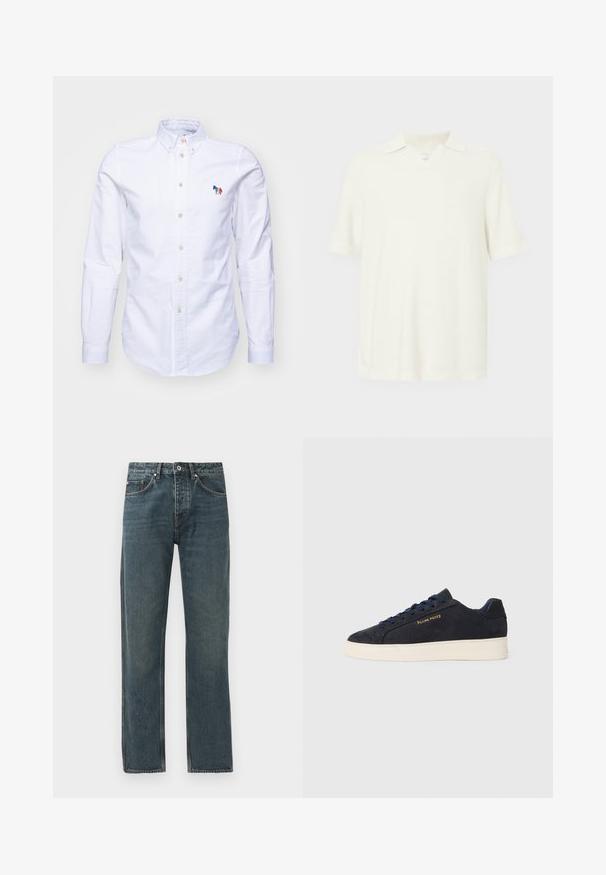 PS Paul Smith MENS TAILORED FIT - Shirt - whites; Short-sleeve polo shirt, light cream color, made of textured fabric, featuring a v-neckline and a classic collar design.; Dark blue denim jeans with a straight leg design, featuring five pockets, a button closure, and contrasting stitching details.; Navy blue suede low-top sneaker with white sole, navy laces, and "Filling Pieces" logo in gold on the side.