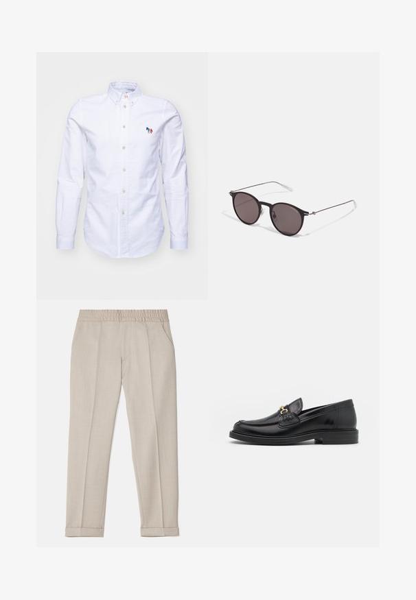 PS Paul Smith MENS TAILORED FIT - Krekls - whites; Filippa K TERRY CROPPED TROUSERS - Auduma bikses - sage melange; Melnas ādas loafers ar noapaļotu degunu, ar zelta aparatūras akcentu un šuvju detaļām, uz zemas, teksturētas gumijas zoles.; Melni apaļi saulesbrilles ar tumšiem lēca un plānām metāla stangām. Iekļautas caurspīdīgas tempļu galviņas un sudraba akcenti pie eņģes. Minimalistisks dizains.