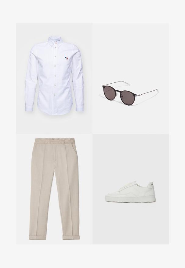 PS Paul Smith MENS TAILORED FIT - Button down-skjorte - whites; Filippa K TERRY CROPPED TROUSERS - Bukse - sage melange; Hvite lærersneakers med en jevn overflate, rund tå, flate lisser og en teksturert såle. Har en subtil logo på hælen.; Sorte, runde solbriller med mørke linser og slanke metalarmer. Inkluderer klare temple tips og sølvfargede detaljer ved hengslet. Minimalistisk design.