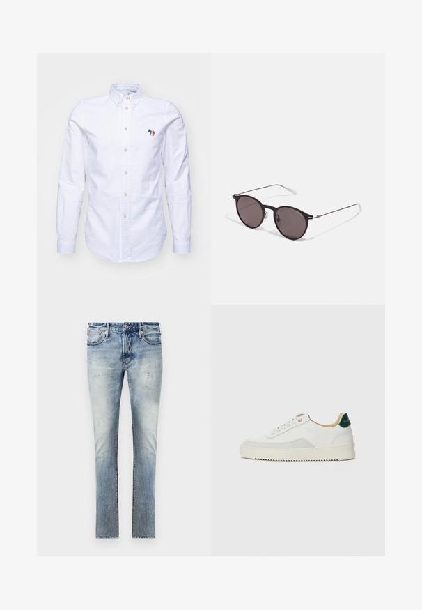 PS Paul Smith MENS TAILORED FIT - Hemd - whites; Helle blaue Denim-Jeans mit einem ausgewaschenen Finish, schlankem Schnitt, fünf Taschen und kontrastierenden Nähten an den Nähten.; Weiße Sneaker mit Wildlederelementen, runder Zehenpartie, flachen Schnürsenkeln und einer cremefarbenen Gummisohle. Mit grünen Markenlogo am Fersenbereich.; Schwarze runde Sonnenbrille mit dunklen Gläsern und schlanken Metallbügeln. Enthält klare Tempelspitzen und silberne Akzente am Scharnier. Minimalistisches Design.