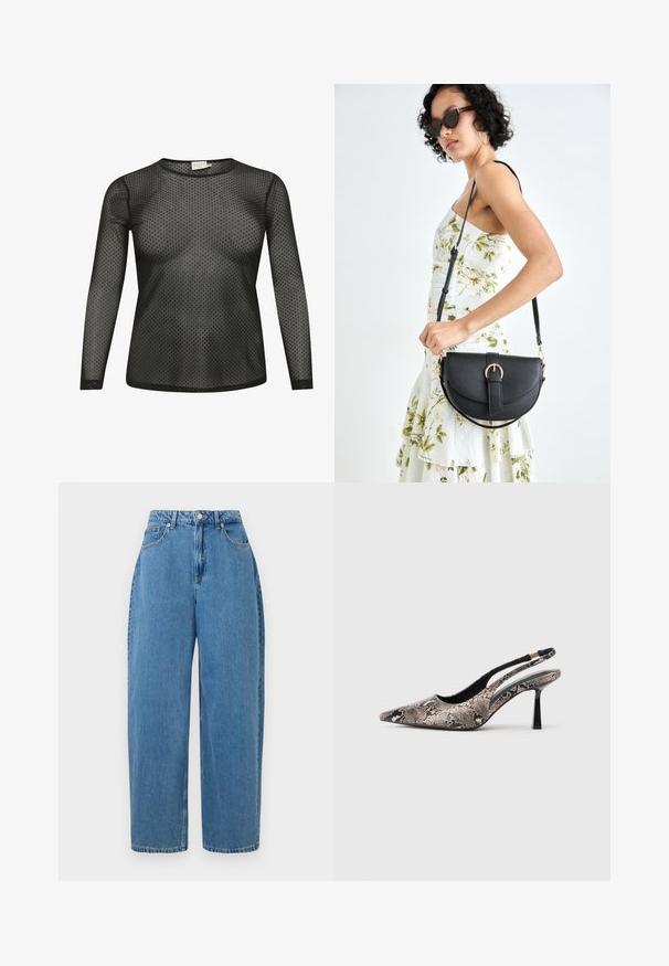 Svart långärmad topp gjord av genomskinligt tyg med prickigt mönster. Har rund halsringning och figurnära silhuett.; Ljust blå denimbyxor med raka ben, hög midja och knäppning fram. Har fem fickor och minimala sömnadsdetaljer.; Pekade-tå slingback skor i strukturerad ormskinnsmaterial, med en smal svart klack och ett utskuret mönster på sidorna.; Svart läderhandväska med en böjd form, avtagbar rem och guldiga detaljer. Väskan har ett lock med en spänndetalj.