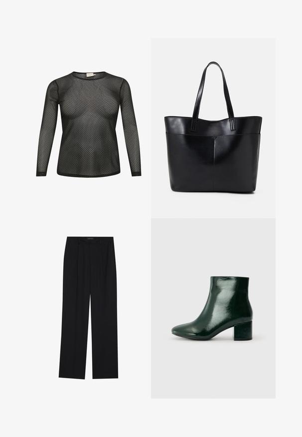 Černý dlouhý rukáv top vyrobený z průsvitné tkaniny s puntíkatým vzorem. Má kulatý výstřih a přiléhavý střih.; Černé kalhoty se střihem rovného nohavice, které mají dvě přední kapsy a pas. Vyrobené z hladkého, lehkého materiálu.; Zelené lakované kotníkové boty s kulatou špičkou a blokovým podpatkem. Hladký povrch s lesklým finišem, který ukazuje moderní design.; Černá kožená taška s dlouhými ušima, hladkým povrchem a strukturovaným tvarem. Obsahuje přední kapsu pro další úložný prostor.