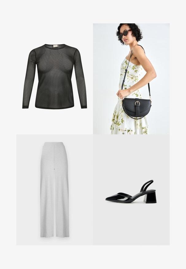 Čierny dlhý rukáv top s priesvitnou látkou a vzorom bodiek. Má okrúhly výstrih a priliehavý strih.; Svetlo šedé široké nohavice s rebrovaným vzorom a vysokým pásom a predným rozparkom. Vyrobené z mäkkého materiálu s hladkou textúrou.; Čierne lakované kožené sandálové podpätky s špicatou špičkou a geometrickým blokovým podpätkom. Disponujú elegantným, minimalistickým dizajnom a hladkým povrchom.; Čierna kožená kabelka s zaobleným tvarom, odnímateľným popruhom a zlatými doplnkami. Kabelka má klopu s detailom s prackou.
