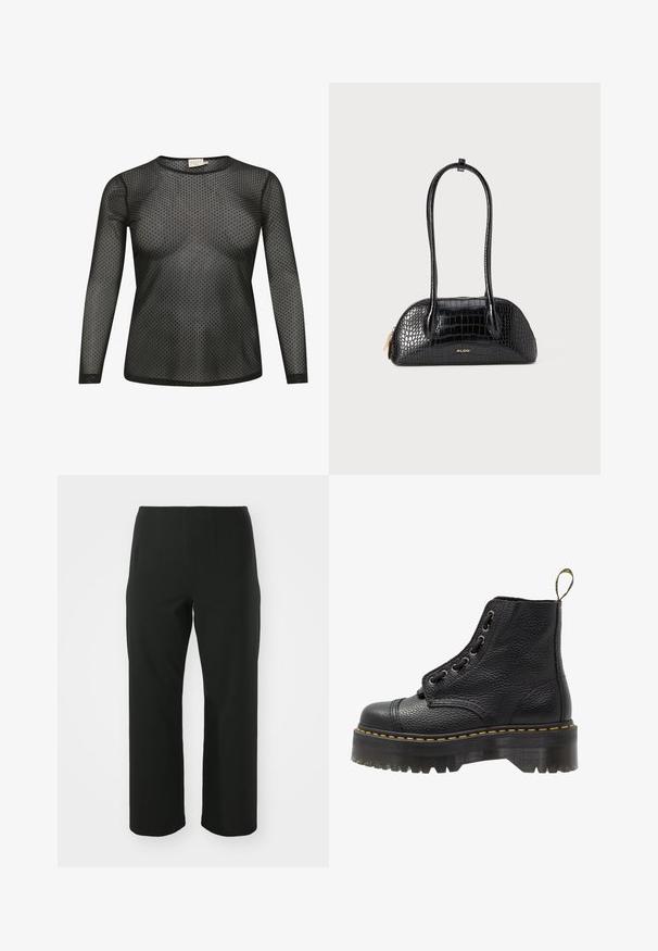 Black long-sleeve top made of sheer fabric with a polka dot pattern. Features a round neckline and fitted silhouette.; Vero Moda Curve VMCAUGUSTA PANT - Trousers - black; Black leather ankle boot with textured surface, round toe, lace-up design, yellow stitching, and a thick, ridged black platform sole.; Black crocodile-patterned handbag with a smooth texture, rounded shape, and two slender handles. Gold logo accent near the base.; Silver hoop earrings, round shape, smooth metal surface, no visible embellishments, lightweight design, uniform thickness.