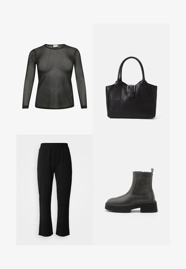 Czarny top z długim rękawem wykonany z przezroczystego materiału w kropki. Posiada okrągły dekolt i dopasowany krój.; ONLY Carmakoma CARLAMA czarny; Czarne botki za kostkę z gładką syntetyczną cholewką, elastycznymi bocznymi panelami, uchwytem oraz masywną gumową podeszwą.; Czarna skórzana torba tote o gładkiej fakturze, usztywnionym kształcie, dwóch uchwytach oraz wyraźnym srebrnym zapięciu na przodzie.