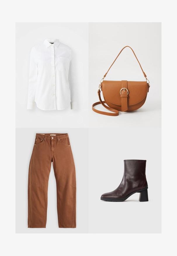 Camicia bianca a maniche lunghe con bottoni, realizzata in un tessuto morbido al tatto, caratterizzata da un colletto classico e una tasca frontale singola.; Jeans dritti di colore marrone ruggine con tasche anteriori e posteriori, rivetti metallici, chiusura con bottone e passanti per cintura, disposti su uno sfondo bianco.; Stivale alla caviglia in pelle marrone scuro con tacco a blocco e punta rotonda, visualizzato su uno sfondo grigio chiaro uniforme.; Borsa a tracolla in pelle marrone con forma curvata, hardware dorato e un dettaglio con fibbia. Presenta una tracolla rimovibile.