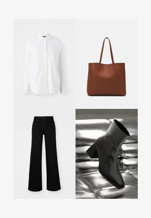 Chemise blanche à manches longues et boutons, fabriquée dans un tissu à la texture douce, avec un col classique et une poche poitrine.; Pantalons large en denim noir, dotés d'une taille structurée, de passants de ceinture et de poches avant. Texture lisse avec un design classique.; Botte noire à la cheville en matériau brillant avec un bout carré et un talon effilé, sur un fond argenté brillant et capitonné.; Sac fourre-tout en cuir marron avec une texture lisse, design à ouverture supérieure et deux poignées pour le porter à l'épaule. Présente des coutures minimales et aucun matériel visible.