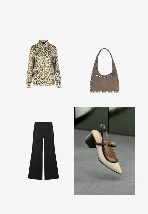 Bluză cu imprimeu de leopard, cu guler, mâneci lungi și închidere cu nasturi pe față. Țesătura are o textură netedă și lucioasă.; Pantaloni negri cu croială largă, având o textură netedă, cu pliseuri frontale și un design croit. Materialul este ușor și fluid.; Pantof divers în nuanță bej, cu vârf ascuțit, curea de susținere în spate, cu margine neagră, cataramă aurie și toc gros pe un podea gri, cu un fundal verde închis.; PULL&BEAR SHOPPER - Geantă de pânză - grey