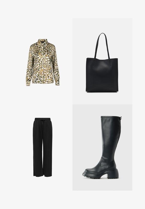 Leopard print blouse with a collared neckline, long sleeves, and a button-front closure. The fabric has a smooth, shiny texture.; Black wide-leg pants made from soft fabric, featuring a stretchy waistband with a drawstring for adjustable fit. No patterns or accents.; Tall black leather boot with chunky platform sole and block heel, featuring pull tab and textured tread on outsole.; Black leather tote bag with smooth texture, rectangular shape, and two long handles. No visible hardware or embellishments.