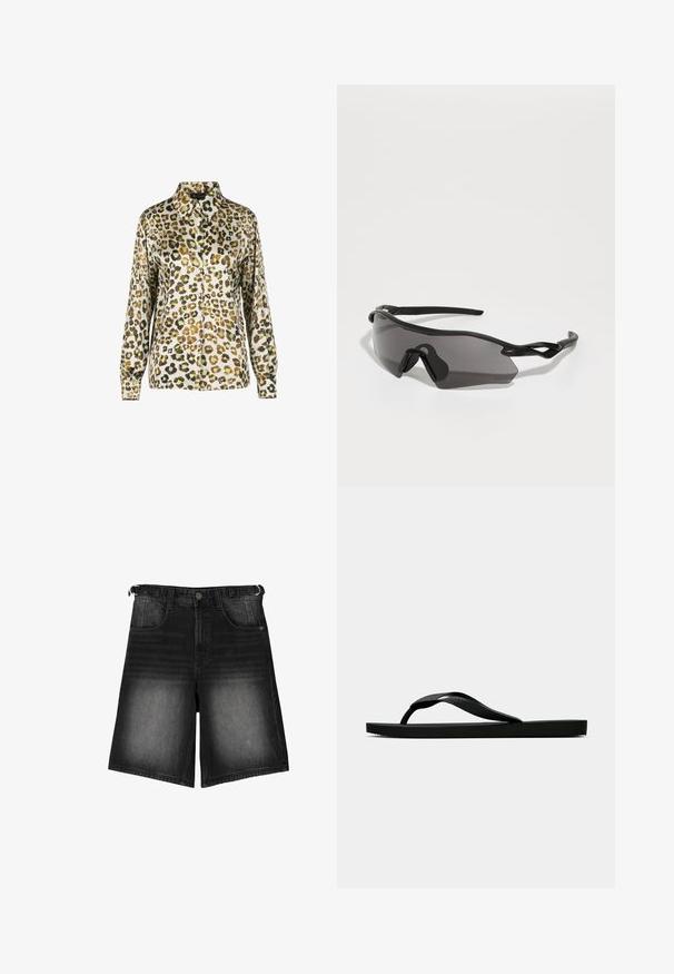 Leopard print blouse with a collared neckline, long sleeves, and a button-front closure. The fabric has a smooth, shiny texture.; Black denim shorts featuring a faded finish, five pockets, a button closure, and belt loops. The fabric has a smooth texture.; Black rubber flip-flop sandal with a textured thong strap and simple flat sole, shown from side on a plain light background.; Sports sunglasses with a full wrap-around black plastic frame, dark tinted lenses, and distinctive angular design. Flexible ear arms for comfort.; Even&Odd Tote bag - black