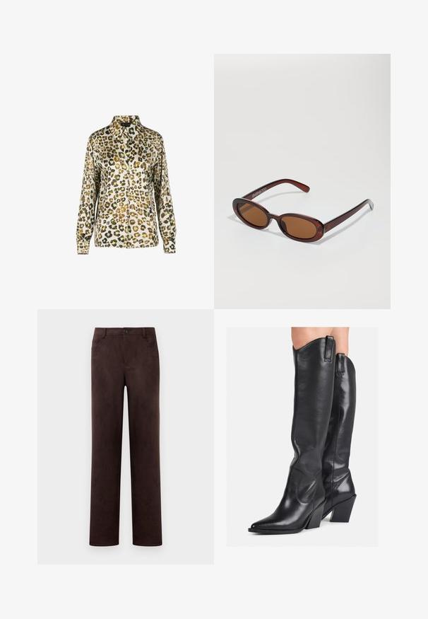 Pusero, jossa on leopardikuvio, kauluspääntie, pitkät hihat ja nappisuljenta. Kankaan pinta on sileä ja kiiltävä.; Suorat jalat tummanruskeat nahanhousut, joissa on etupainike ja vetoketju, vyölenkit ja sivutaskut.; Mustat nahkaiset polven yli saappaat, joissa on terävä kärki, kaareva varsiosa ja paksu korko. Saappaissa on sileä pinta ja vetoketjut ylhäällä.; Pyöreät, ruskehtavat aurinkolasit, joissa on kiiltävä burgundinpunainen runko. Kapeat sivut, joissa on hienovarainen brändäys. Litteät linssit.; Musta nahkainen käsilaukku, jossa on kaareva muotoilu, kultasävyiset yksityiskohdat ja yläkahva. Sisältää tyylikkään sulkijan ja sileän pinnan.