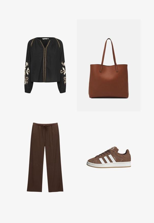 Blusa nera a maniche lunghe con motivi floreali bianchi ricamati sulle maniche; presenta un collo a V e una cucitura decorativa dorata lungo la parte anteriore.; Pantaloni larghi marroni realizzati in tessuto morbido, con vita elastica e cordoncino, e due tasche laterali.; Sneakers in suede marrone con strisce in pelle bianca, suola in gomma, punta rotonda e lacci. Presentano un logo sulla linguetta e dettagli perforati.; Borsa tote in pelle marrone con texture liscia, design con apertura superiore e due spallacci. Presenta cuciture minime e nessun hardware visibile.