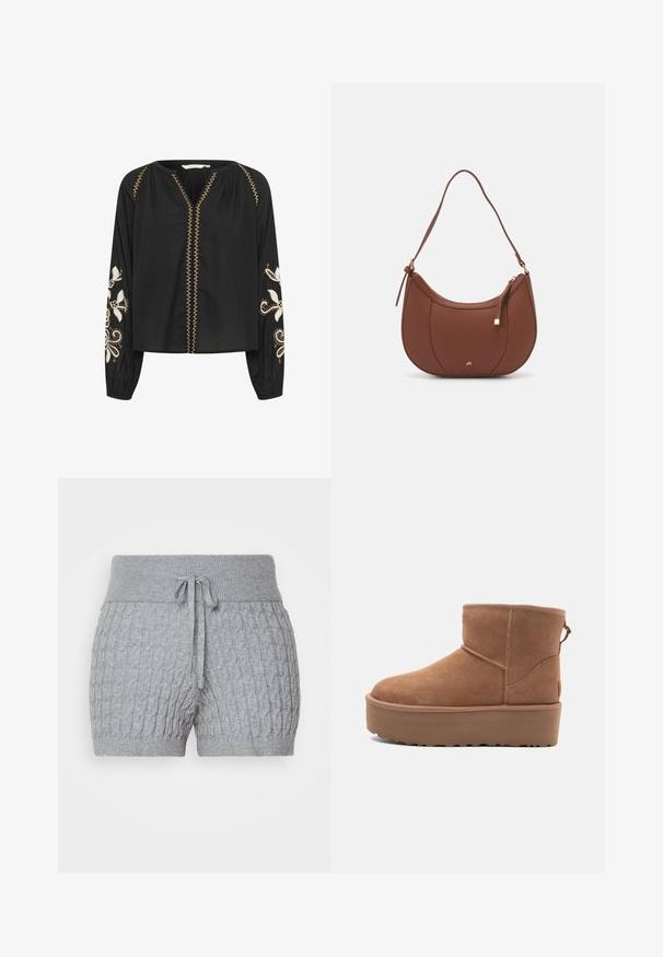 Sort langærmet bluse med broderede hvide blomsterdesigns på ærmerne; har en V-udskæring og dekorativ guldtråd langs fronten.; Grå strikkede shorts med et tekstureret design, der har en ribbet linning og justerbar snor. Kort længde, blødt stof.; Tan ruskinds ankelstøvle med platformssål, rund tå og syninger; har en løkke bagpå for nem påtagning.; Brun faux læder skuldertaske med buet form, minimal syning og en guldtonet hardwaredetalje. Har en top lynlåslukning og justerbar rem.
