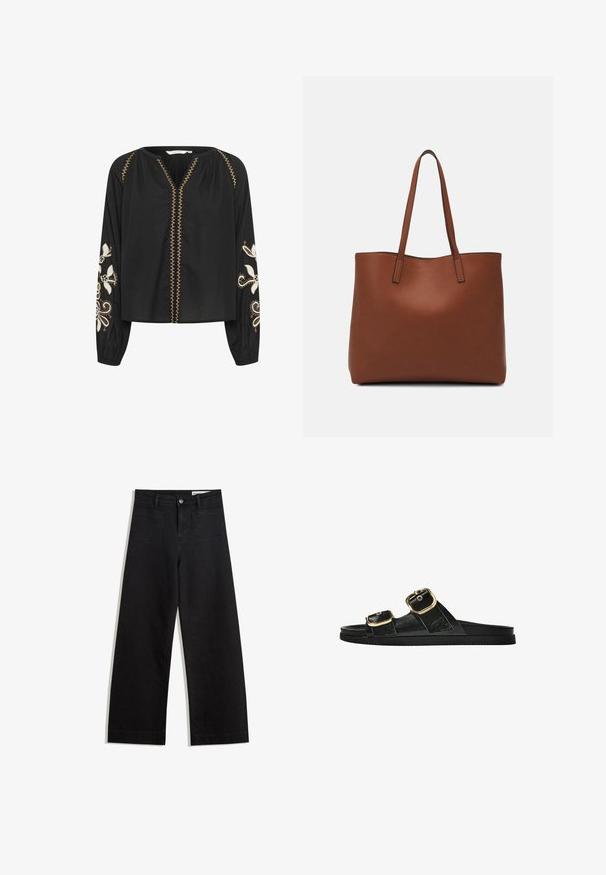 Czarna bluzka z długim rękawem, z haftowanymi białymi wzorami kwiatowymi na rękawach; ma dekolt w kształcie litery V oraz ozdobne złote ściegi z przodu.; Czarne dżinsowe spodnie o szerokich nogawkach i wysokim stanie, z przednimi i tylnymi kieszeniami, przeszyciami oraz zapięciem na guziki. Gładka struktura.; Czarne klapki z dwoma złotymi klamrami, gładki materiał, płaska podeszwa i minimalistyczny design.; Brązowa skórzana torba tote o gładkiej fakturze, z otwartym wierzchem i dwoma ramiączkami. Charakteryzuje się minimalnym przeszyciem i brakiem widocznych elementów metalowych.