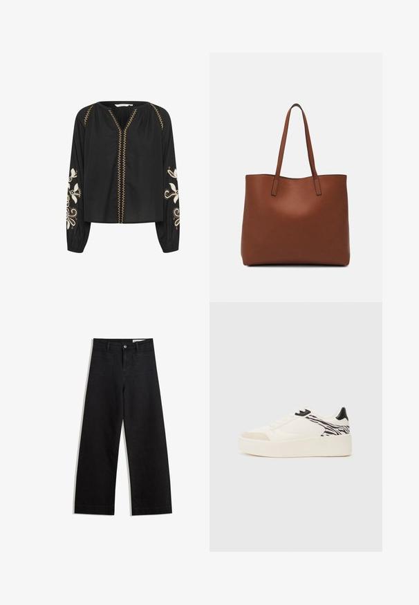 Sort langærmet bluse med broderede hvide blomsterdesigns på ærmerne; har en V-udskæring og dekorativ guldtråd langs fronten.; Sorte wide-leg denim bukser med høj talje, der har front- og baglommer, syede sømme og en knaplukning. Glat tekstur.; Even&Odd Sneakers - white/black; Brun læder tote taske med en glat overflade, åben topdesign og to skulderremme. Har minimal syning og ingen synlig hardware.